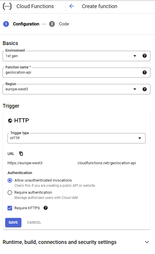 Configure the Cloud Functions name, region, trigger type and authentication.