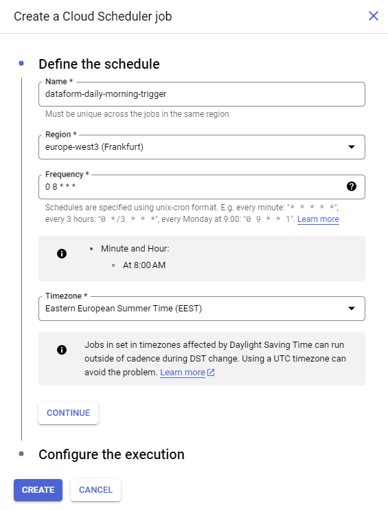 cron trigger for the dataform workflow