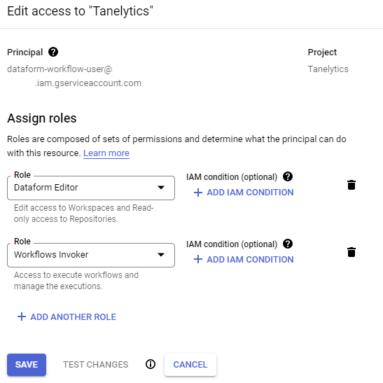 dataform service account permissions