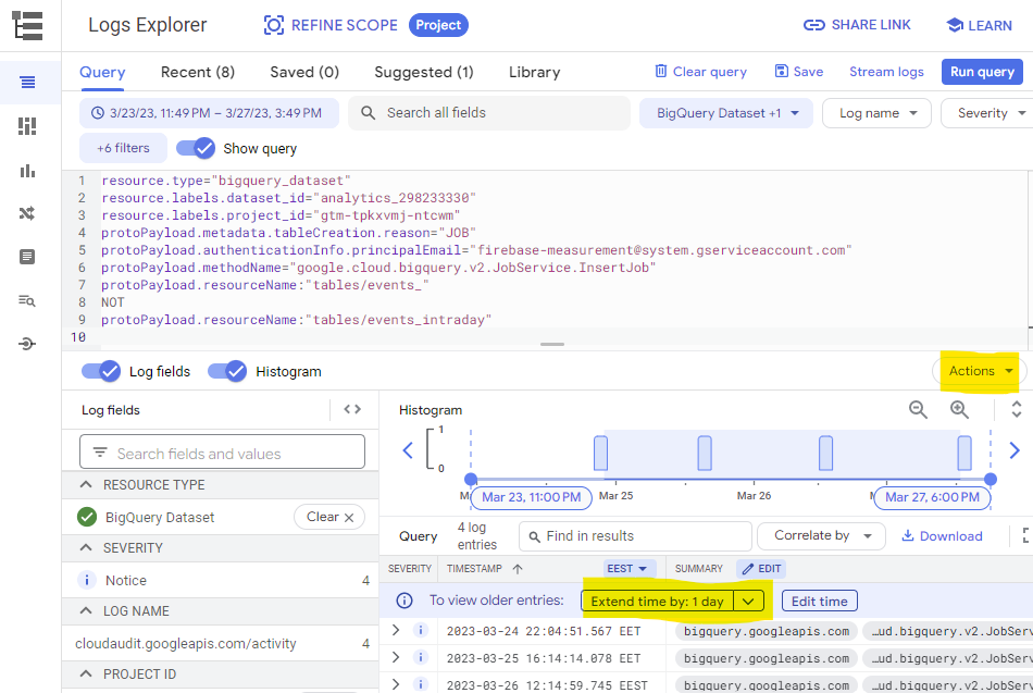 Cloud Logging Logs Explorer - GA4 table creation query