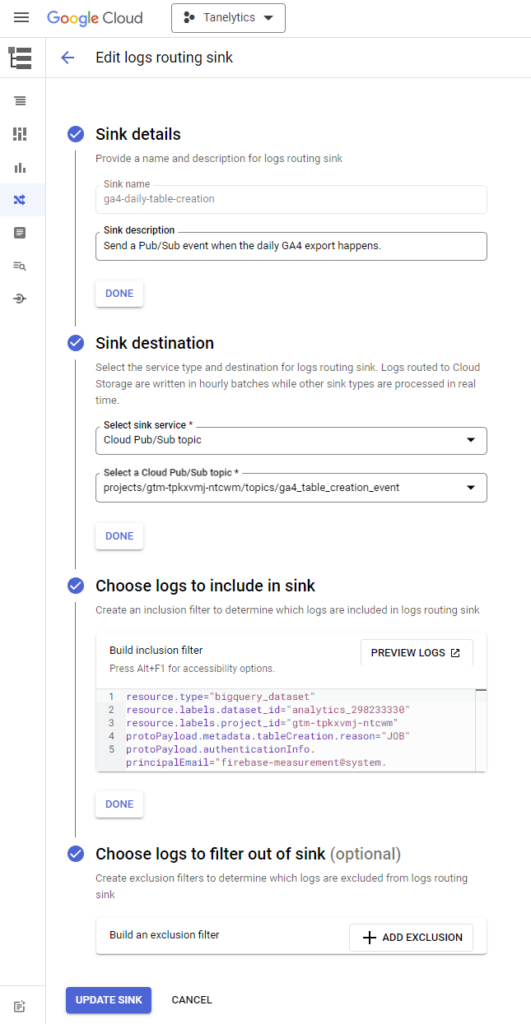 create a logs router sink to capture ga4 table creation logs