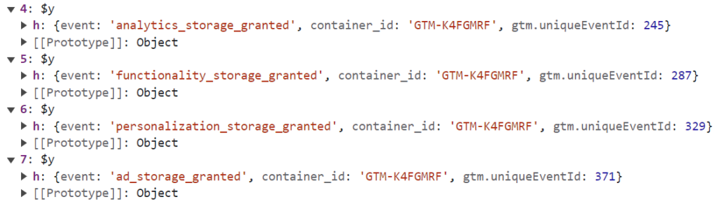 consent granted datalayer events