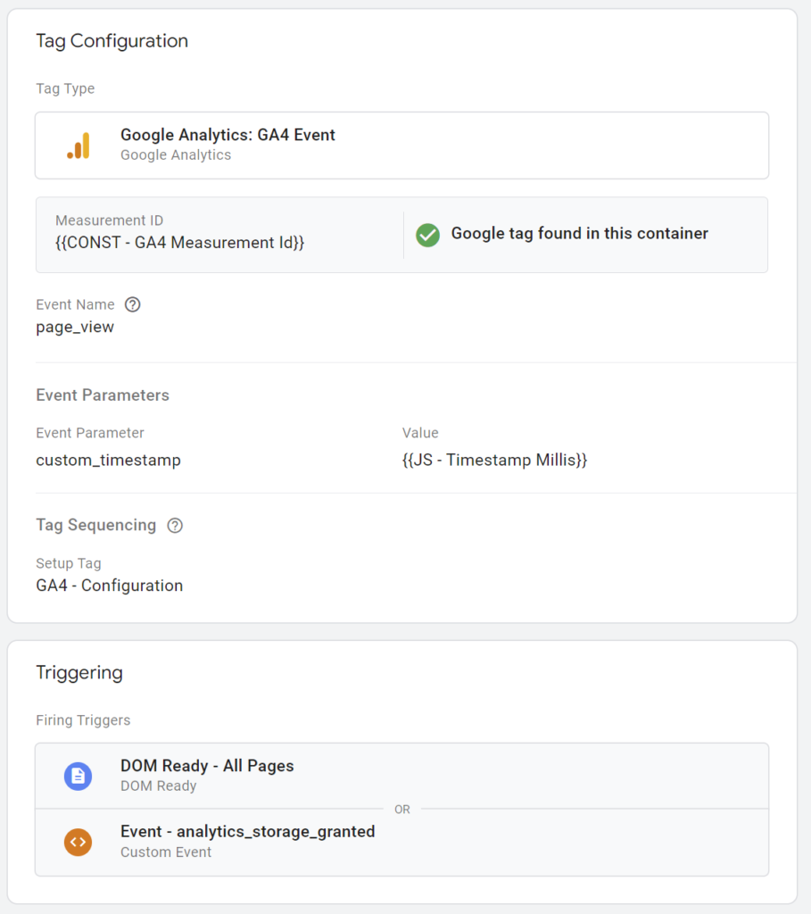 ga4 page_view tag with a default DOM ready trigger and an analytics_storage_granted trigger