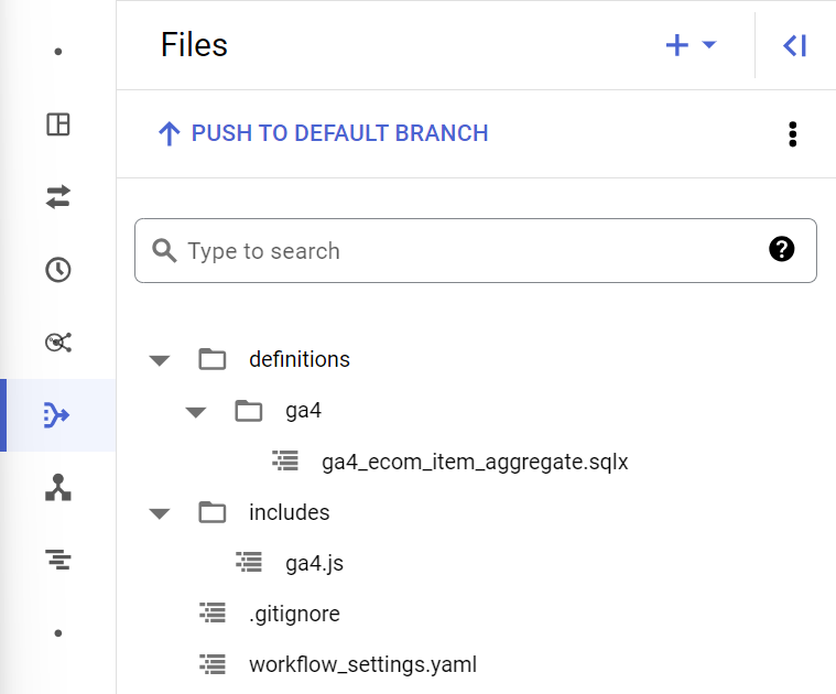 example of hoh the files for the ecom query look like in the Dataform repository