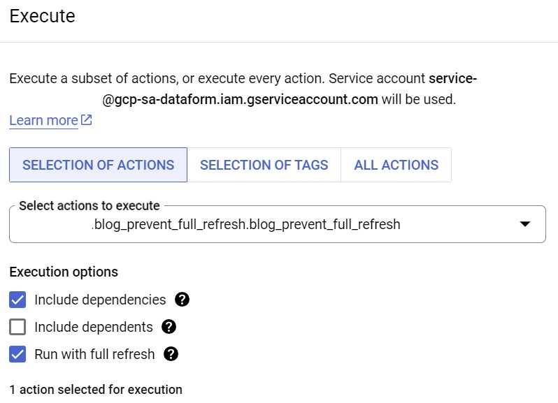 dataform workflow execution options with full refresh enabled